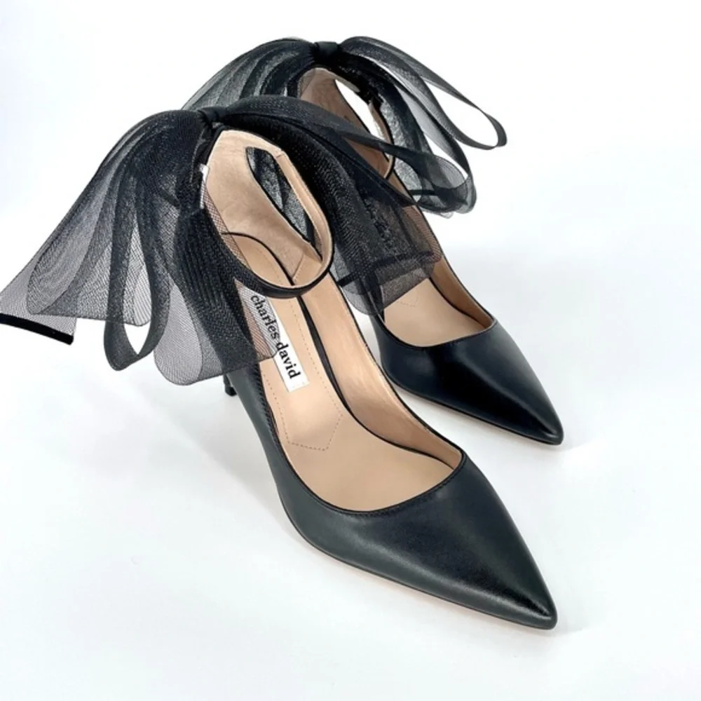 CHARLES DAVID Rogue Black Leather Ankle Strap Pointed Toe Pump Tulle Bow New 8.5